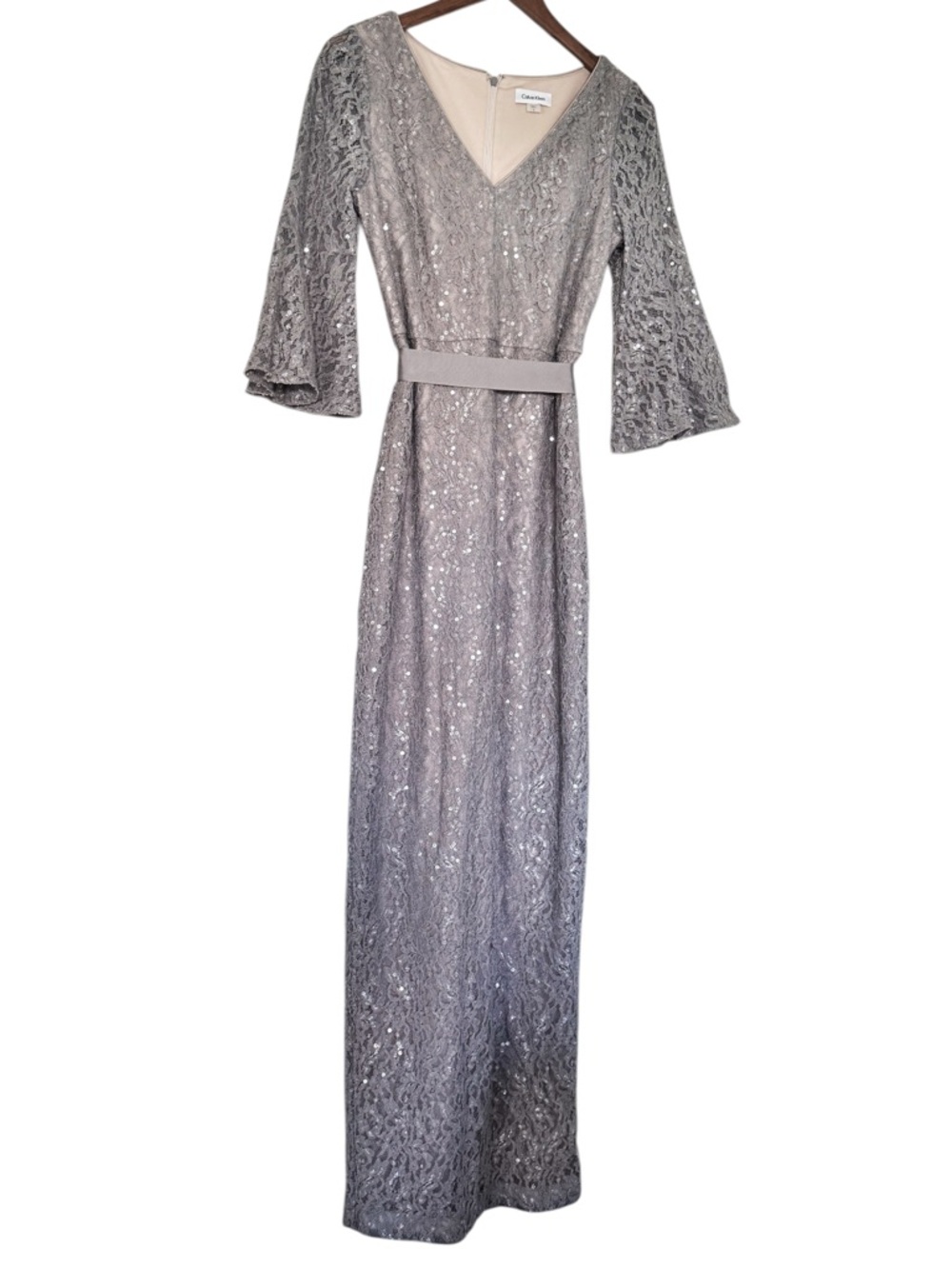 Calvin Klein Formal Lace and Sequin V-Neck Dress in Silver